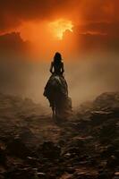 oscuridad Afrodita montando un caballo en el borde de el abismo en texturizado megabasura lunares estilo. ai generativo foto
