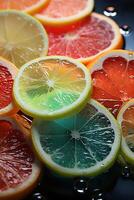 up to a bunch of colored glowing neon citrus slices are shown on a background. photo
