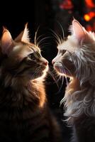 Two cats see each other against a dark background. photo