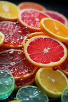 up to a bunch of colored glowing neon citrus slices are shown on a background. photo