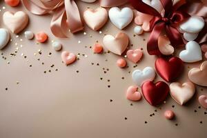 contento san valentin día bandera. rosado y oro corazones frustrar globos con regalos en rosado bokeh san valentin día antecedentes. ai generativo foto