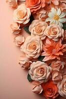 Cover page full size, soft color roses only on edges, peach background, no text, calm nature style. AI generative photo