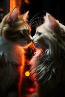 Two cats see each other against a dark background. AI generative photo