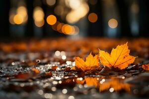 Fall leaves are falling onto a ground, in the style of bokeh panorama, orange, detailed landscapes. photo