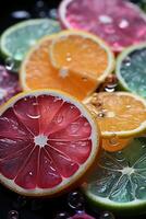 up to a bunch of colored glowing neon citrus slices are shown on a background. photo