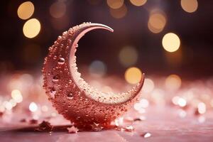 Moon with pink glitter effect with light vermilion background with small defocused sparkles. photo