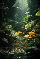 A vibrant tapestry of abstract shapes and patterns intertwines with lush green foliage, bathed in shimmering sunlight. photo