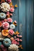 Shabby wood, pumpkins, background image, flat lay, barbiecore, pink and pastel blue palette. AI generative photo