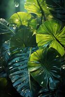 A vibrant tapestry of abstract shapes and patterns intertwines with lush green foliage, bathed in shimmering sunlight. photo