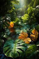 A vibrant tapestry of abstract shapes and patterns intertwines with lush green foliage, bathed in shimmering sunlight. photo
