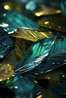 A vibrant tapestry of abstract shapes and patterns intertwines with lush green foliage, bathed in shimmering sunlight. photo