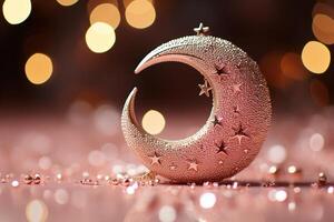 Moon with pink glitter effect with light vermilion background with small defocused sparkles. photo