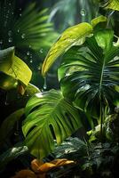 A vibrant tapestry of abstract shapes and patterns intertwines with lush green foliage, bathed in shimmering sunlight. photo