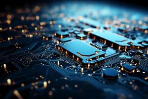Mechanism, computer circuits, light blue background. photo