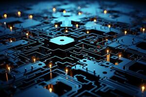 Mechanism, computer circuits, light blue background. photo