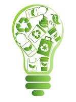 Light bulb is filled with icons symbol of ecology and eco friendly, recycling and conscious consumption, green planet. Vector illustration on a white background, to choose from