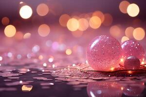 Moon with pink glitter effect with light vermilion background with small defocused sparkles. photo