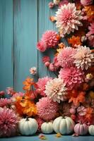 Shabby wood, pumpkins, background image, flat lay, barbiecore, pink and pastel blue palette. AI generative photo