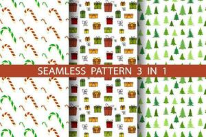 Set of seamless patterns in the theme of Christmas. Pattern with gift boxes, Christmas caramel, Christmas trees on a white background, eps10 vector illustration