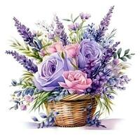 Watercolor lavender flower bouquet isolated photo