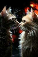 dos gatos ver cada otro en contra un oscuro antecedentes. ai generativo foto
