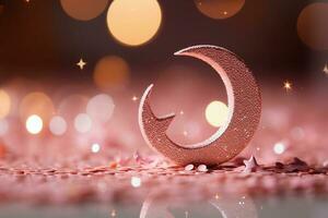 Moon with pink glitter effect with light vermilion background with small defocused sparkles. AI generative photo