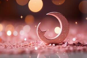 Moon with pink glitter effect with light vermilion background with small defocused sparkles. photo