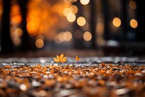 Fall leaves are falling onto a ground, in the style of bokeh panorama, orange, detailed landscapes. AI generative photo