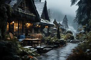 The scenery outside the window of the log cabin shows heavy snowfall. photo