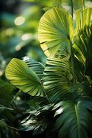 A vibrant tapestry of abstract shapes and patterns intertwines with lush green foliage, bathed in shimmering sunlight. photo
