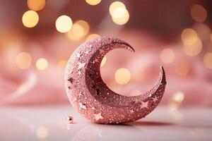 Moon with pink glitter effect with light vermilion background with small defocused sparkles. photo