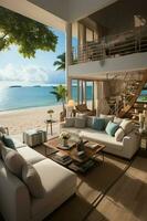 An opulent penthouse suite overlooking the white sandy beaches and turquoise waters of an exclusive tropical island resort. AI generative photo