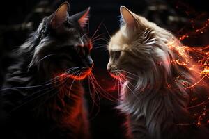 Two cats see each other against a dark background. AI generative photo