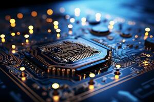Mechanism, computer circuits, light blue background. photo