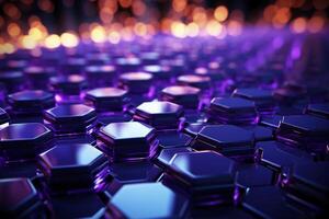 Futuristic glowing ultra purple hexagonal or honeycomb background. AI generative photo