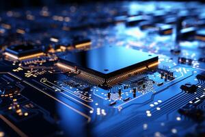 Mechanism, computer circuits, light blue background. photo