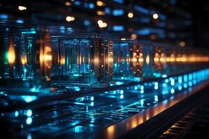 Row of network servers with glowing LED lights. photo