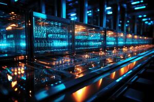 Row of network servers with glowing LED lights. AI generative photo