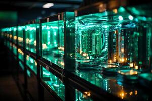 Row of network servers with glowing LED lights. photo