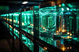 Row of network servers with glowing LED lights. AI generative photo