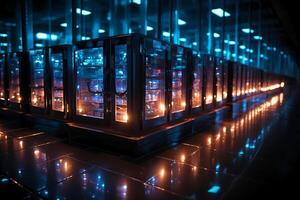 Row of network servers with glowing LED lights. AI generative photo