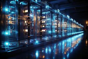 Row of network servers with glowing LED lights. photo