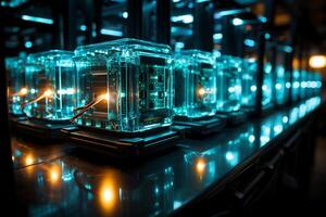 Row of network servers with glowing LED lights. photo