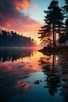 A scene of a pastel colored sunset reflecting on a serene lake. AI genrative photo