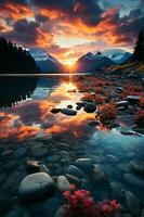 un hermosa paisaje con un maravilloso puesta de sol terminado un tranquilo lago. ai generativo foto