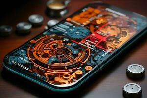 Draw an infographic on a smartphone glass protector in postmodern style. AI generative photo