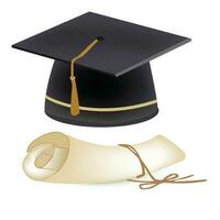 graduado colega, alto colegio o Universidad gorra aislado en blanco antecedentes. vector 3d la licenciatura ceremonia sombrero con dorado borla. negro educativo estudiante gorra icono.