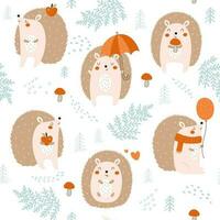 Forest seamless pattern with cute hedgehog. Hand drawn vector illustration.