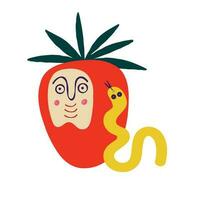 Funny childish characters apple and worm, lustration in modern childish hand drawn style vector