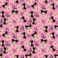 Vibrant pattern with comical brunettes with cute faces and bright colors vector